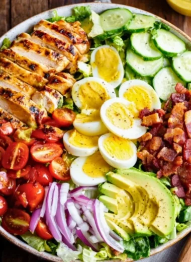 Delicious Grilled Chicken Cobb Salad topped with fresh ingredients and dressing.
