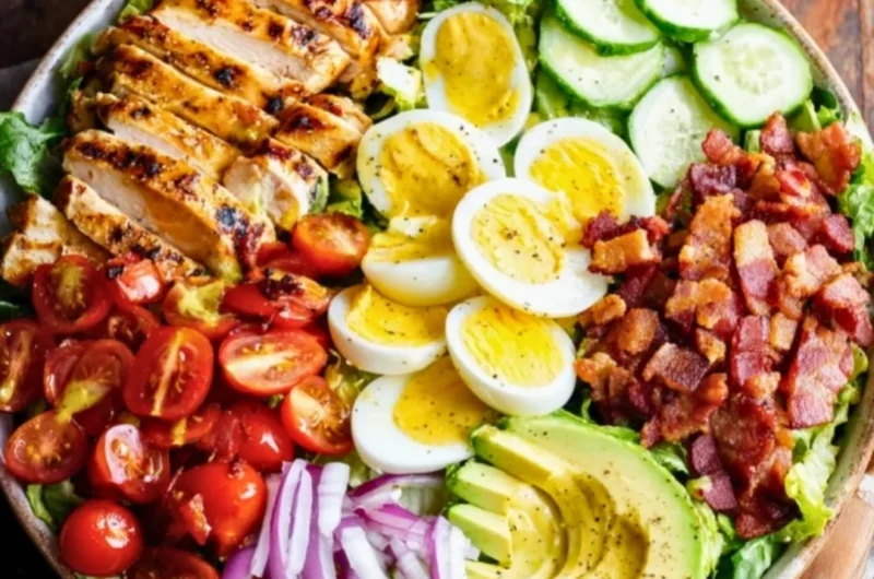 Delicious Grilled Chicken Cobb Salad topped with fresh ingredients and dressing.