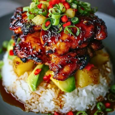Hawaiian Turn Turn Chicken Stack with vibrant toppings on a plate