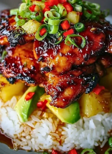 Hawaiian Turn Turn Chicken Stack with vibrant toppings on a plate