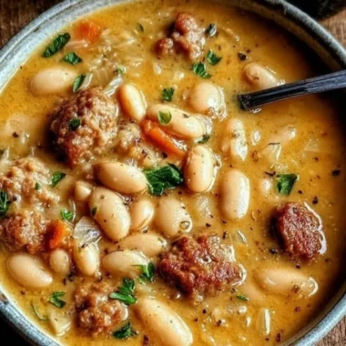 Bowl of hearty creamy bean soup garnished with herbs and spices