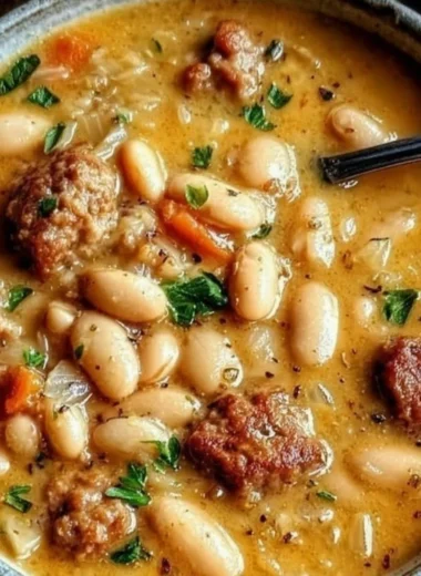 Bowl of hearty creamy bean soup garnished with herbs and spices