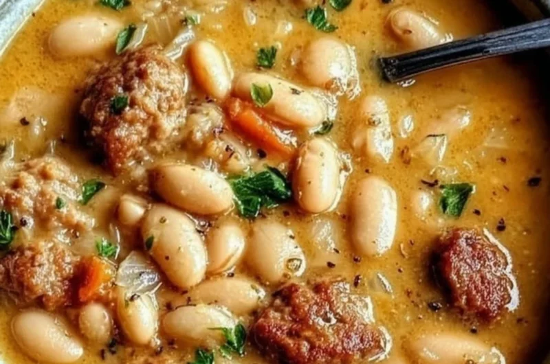 Bowl of hearty creamy bean soup garnished with herbs and spices