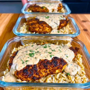 High Protein Creamy Cajun Chicken with Rice dish on a plate