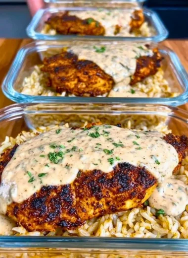 High Protein Creamy Cajun Chicken with Rice dish on a plate