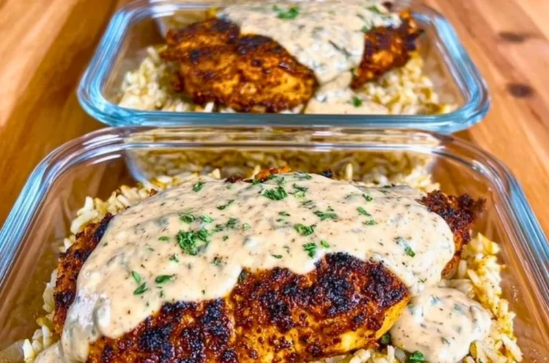 High Protein Creamy Cajun Chicken with Rice dish on a plate