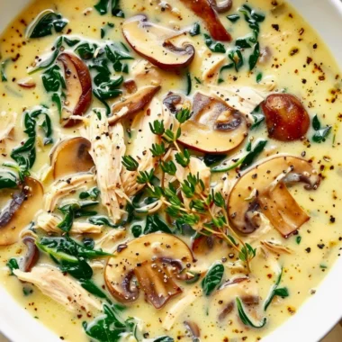 Homemade rotisserie chicken and mushroom soup served in a bowl