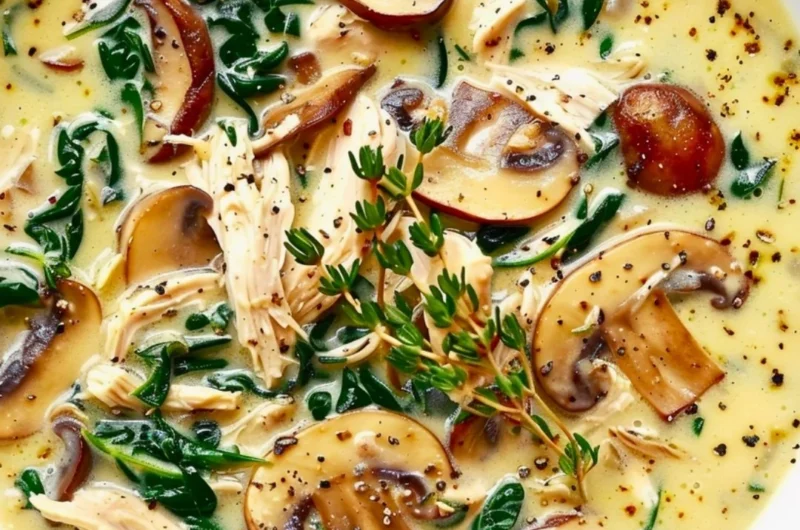 Homemade rotisserie chicken and mushroom soup served in a bowl