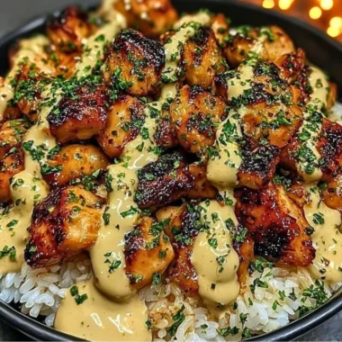Honey Sriracha Chicken Rice Bowl drizzled with creamy lime sauce