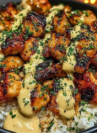 Honey Sriracha Chicken Rice Bowl drizzled with creamy lime sauce