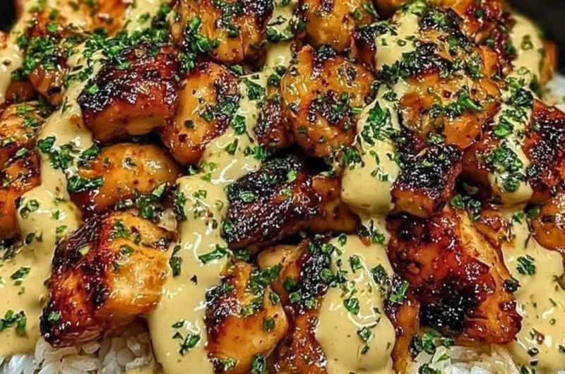 Honey Sriracha Chicken Rice Bowl drizzled with creamy lime sauce