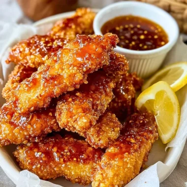 Crispy hot honey chicken tenders drizzled with spicy honey sauce.