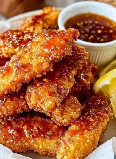 Crispy hot honey chicken tenders drizzled with spicy honey sauce.