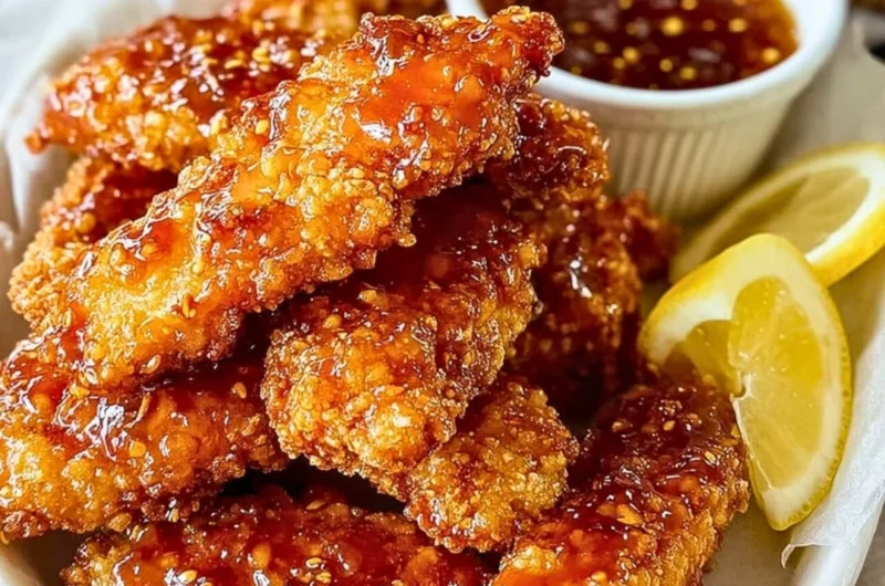 Crispy hot honey chicken tenders drizzled with spicy honey sauce.