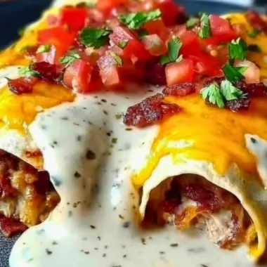 Jalapeño Popper Cheesy Chicken Enchiladas topped with cheese and jalapeños