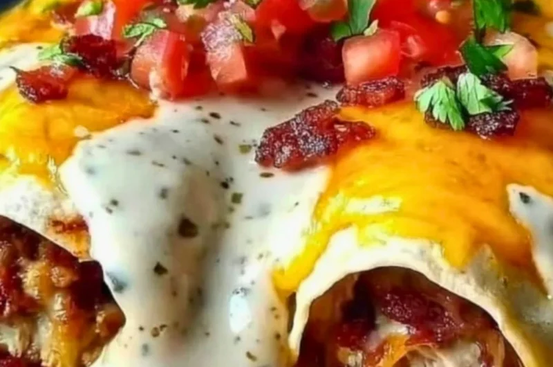 Jalapeño Popper Cheesy Chicken Enchiladas topped with cheese and jalapeños