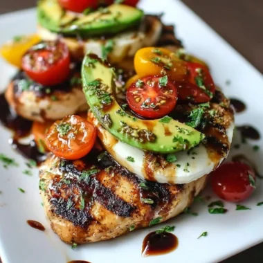 Juicy grilled California avocado chicken garnished with fresh herbs.