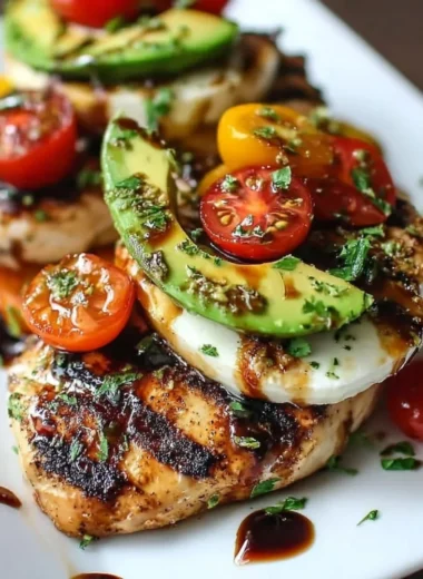 Juicy grilled California avocado chicken garnished with fresh herbs.