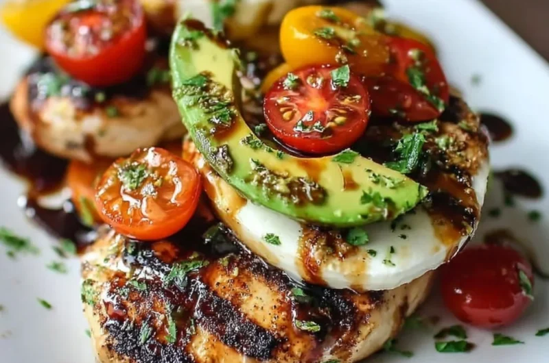 Juicy grilled California avocado chicken garnished with fresh herbs.