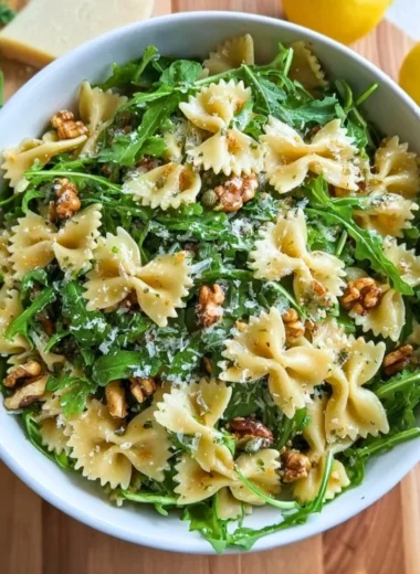 Lemon Arugula Pasta Salad with cherry tomatoes and parmesan cheese