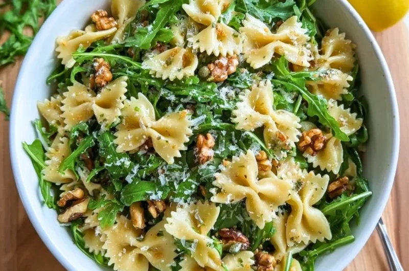 Lemon Arugula Pasta Salad with cherry tomatoes and parmesan cheese