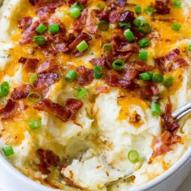Loaded Mashed Potato Casserole topped with cheese and green onions