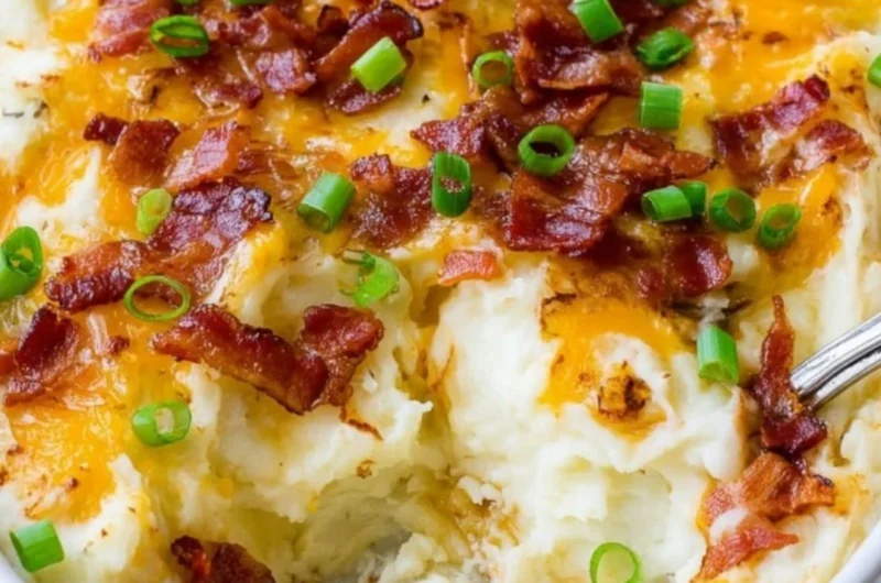 Loaded Mashed Potato Casserole topped with cheese and green onions
