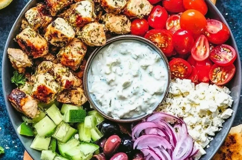 Low-carb keto Greek chicken bowl with fresh vegetables and feta cheese
