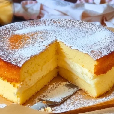 Slices of delicious Magic Custard Cake served on a plate