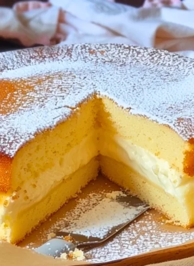 Slices of delicious Magic Custard Cake served on a plate