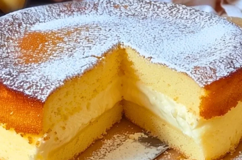 Slices of delicious Magic Custard Cake served on a plate