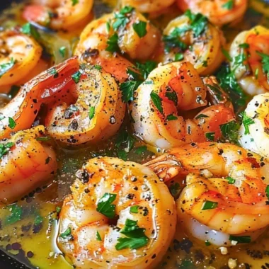 Mediterranean shrimp skillet with lemon garlic sauce served in a skillet