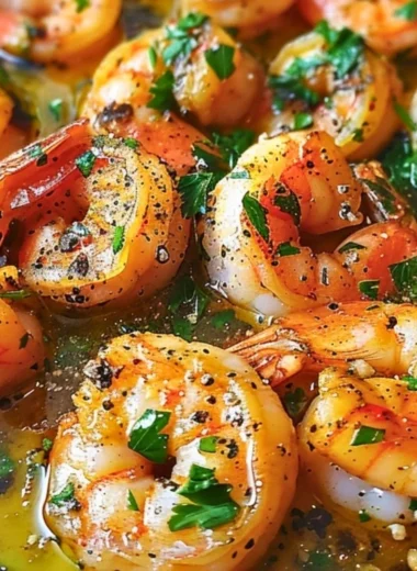 Mediterranean shrimp skillet with lemon garlic sauce served in a skillet