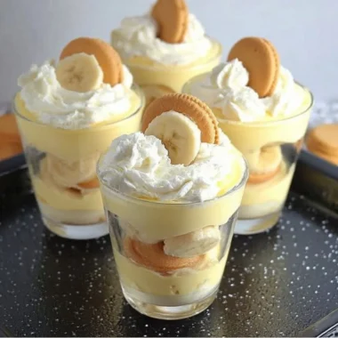 Delicious Nilla Wafer Banana Pudding Cups topped with whipped cream and banana slices.