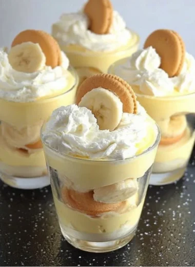 Delicious Nilla Wafer Banana Pudding Cups topped with whipped cream and banana slices.