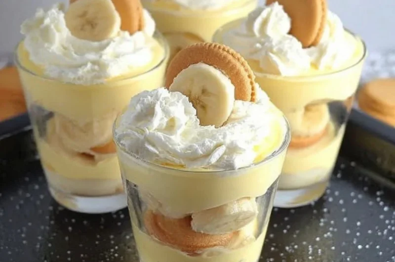 Delicious Nilla Wafer Banana Pudding Cups topped with whipped cream and banana slices.