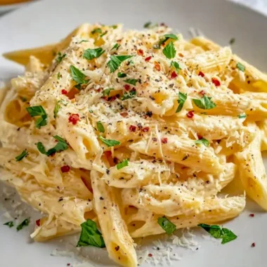 A creamy garlic pasta dish served in a rustic bowl with herbs and cheese.