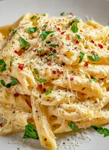 A creamy garlic pasta dish served in a rustic bowl with herbs and cheese.