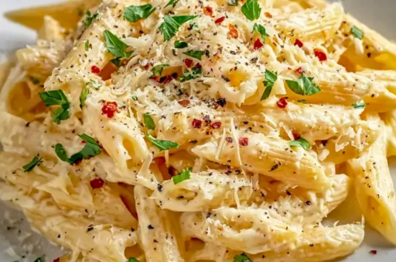 A creamy garlic pasta dish served in a rustic bowl with herbs and cheese.