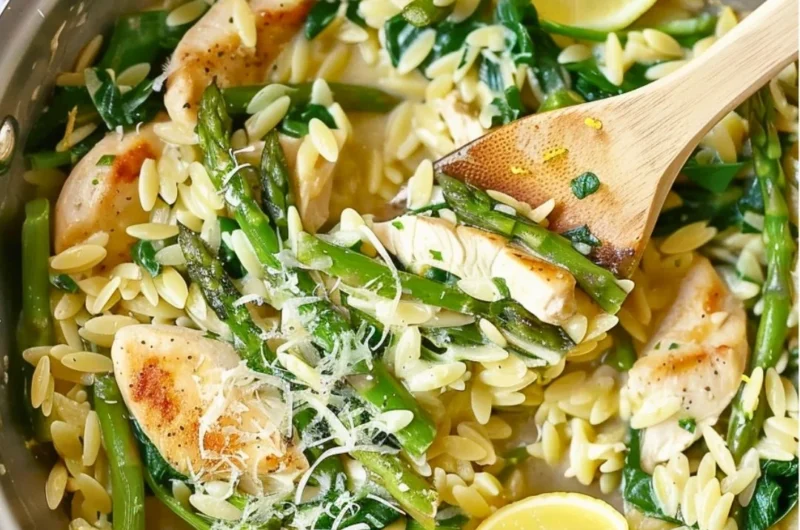 One Pot Lemon and Chicken Orzo dish garnished with fresh herbs