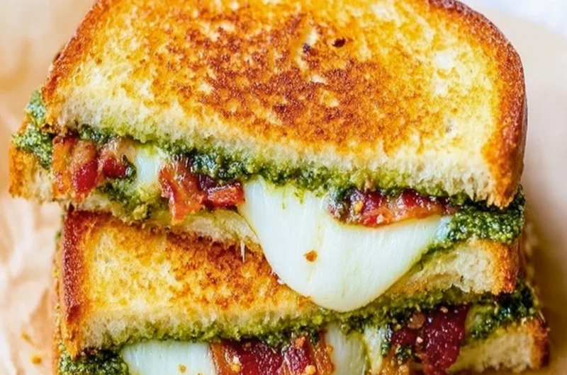Melted pesto grilled cheese sandwich with fresh basil and golden bread