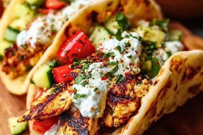 Delicious quick Mediterranean Chicken Tacos with fresh ingredients
