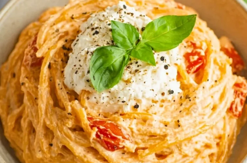 Roasted tomato and garlic ricotta pasta in a bowl, garnished with fresh herbs.