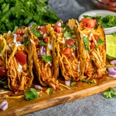 Slow cooker shredded chicken tacos served with toppings and cilantro