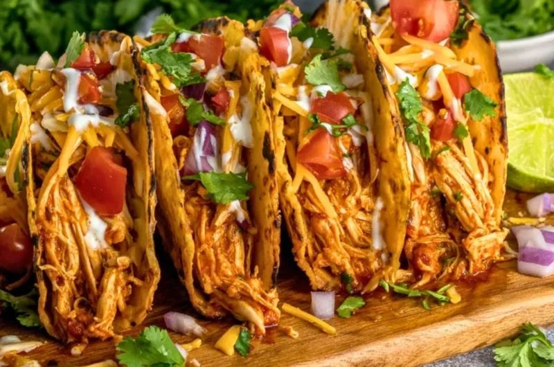 Slow cooker shredded chicken tacos served with toppings and cilantro