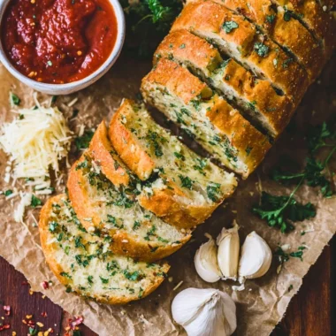 Sourdough garlic bread loaf with golden crust and garlic herb topping