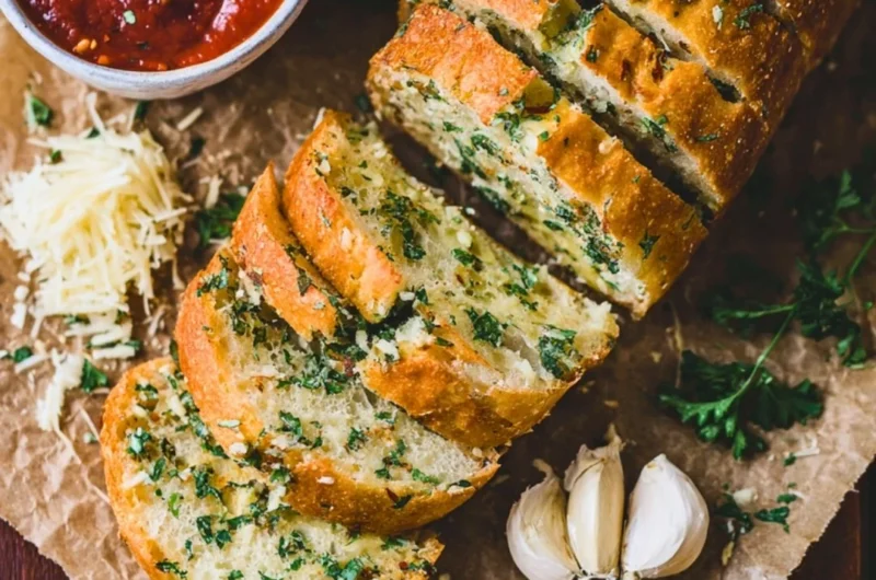 Sourdough garlic bread loaf with golden crust and garlic herb topping