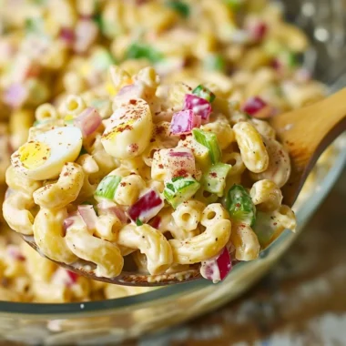 Delicious Southern macaroni salad served in a bowl with fresh ingredients.