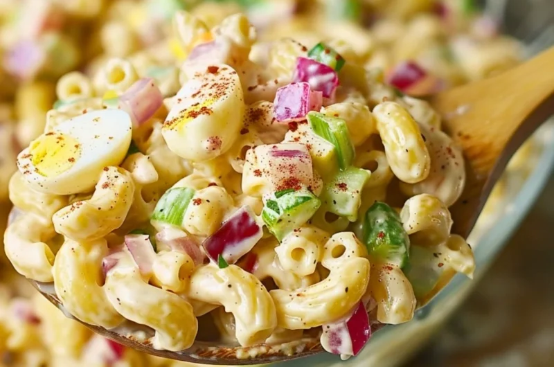 Delicious Southern macaroni salad served in a bowl with fresh ingredients.