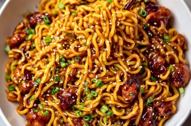 Sticky garlic chicken noodles served in a bowl with fresh vegetables